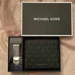 Brand New Michael Kors Black Slim Billfold Men's Wallet w/ Money Clip Box Set